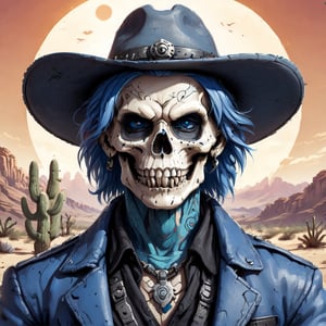 A lone figure stands amidst the arid landscape, standing next to a small adobe casita, bathed in warm desert sunlight. A day of the dead cowboy with vibrant blue hair and a bold skull tattoo adorns his left cheekbone wears a sleek blue jacket adorned with metal hardware on the shoulders and a black belt around his waist. His gloved hands grasp the edges of his matching pants, which are tucked into combat boots. A fedora hat sits atop his head at an angle, framing his determined gaze as he surveys the cacti-filled terrain ahead.