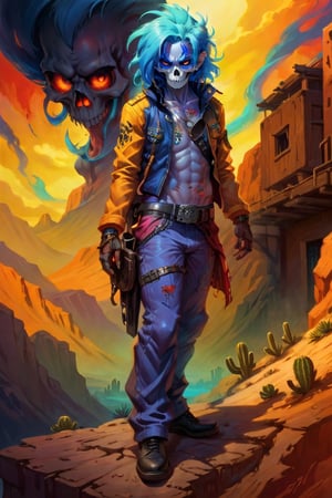 A lone figure stands amidst the arid landscape, standing next to a small adobe casita, bathed in warm desert sunlight. A day of the dead cowboy with vibrant blue hair, glowing blue eyes, and a bold skull tattoo adorns his left cheekbone wears a sleek blue jacket adorned with metal hardware on the shoulders and a black belt around his waist. His gloved hands grasp the edges of his matching pants, which are tucked into combat boots. A fedora hat sits atop his head at an angle, framing his determined gaze as he surveys the cacti-filled terrain ahead.