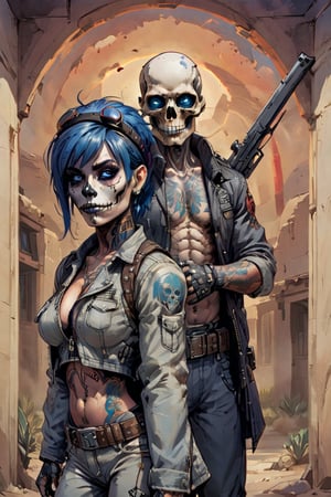 A lone figure stands amidst the arid landscape, standing next to a small adobe casita, bathed in warm desert sunlight. A day of the dead cowboy with vibrant blue hair, glowing blue eyes, and a bold skull tattoo adorns his left cheekbone wears a sleek blue jacket adorned with metal hardware on the shoulders and a black belt around his waist. His gloved hands grasp the edges of his matching pants, which are tucked into combat boots. A fedora hat sits atop his head at an angle, framing his determined gaze as he surveys the cacti-filled terrain ahead.