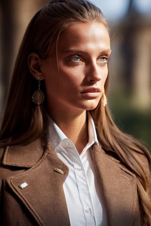 Use as a reference for a young woman of 18 years old, divine beauty, very very long brown hair, green eyes, in sity wearing a jacket over a white shirt, afternoon autumn, natural light, full body, cinematic, film still, photo-real, extreme detail, global lighting, Hyperdetail, hyper realistic, color aesthetic,girl,sketch,realistic,sity,Raw Photo