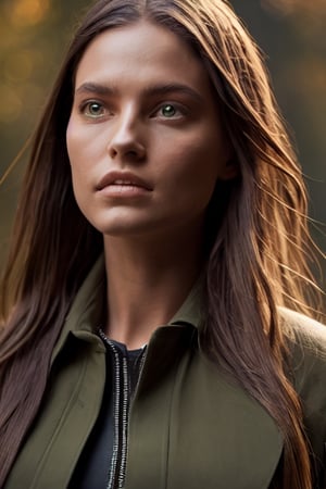 Use as a reference for a young woman of 18 years old, divine beauty, very very long brown hair, green eyes, in sity wearing a jacket over a white shirt, afternoon autumn, natural light, full body, cinematic, film still, photo-real, extreme detail, global lighting, Hyperdetail, hyper realistic, color aesthetic,girl,sketch,realistic,sity,Raw Photo