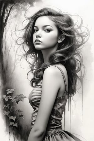 girl,sketch,photorealistic, in the style of esao andrews,b&w