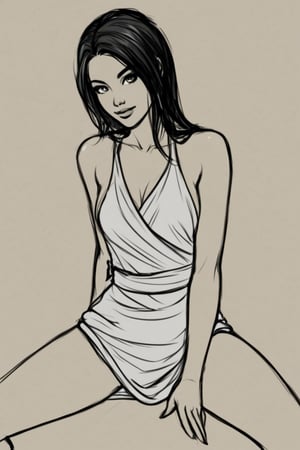 ((sit down)) Charming woman, with pretty freckles and black hair in a hairstyle, with shoulders and waist, standing sideways, looking at camera, ((without clothes)), 
legs spread wide
(no background),girl,Ukiyo-e,sketch