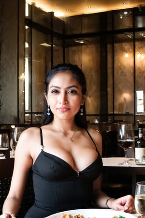 Pov, having dinner at exclusive restaurant. She sits opposite of me, black dress, cleavage, small breasts, no bra, flirting, seducing_expression