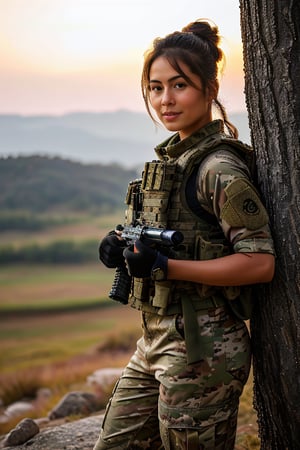 A photorealistic, ultra highly intricate detailed, full-frame image of a stunning 20-year-old Asian woman with bronzed skin, dressed in proper US battle fatigues. She is in an exercise situation, standing confidently with a focused expression. Her hair is neatly styled in a regulation bun. The battle fatigues include a camouflage jacket and pants, with proper military boots, a tactical vest, and a helmet. Her hands are positioned naturally next to her body, fingers relaxed and correctly proportioned. The background depicts an outdoor training ground, with various military equipment and natural terrain. The lighting is natural, enhancing the realistic textures of her uniform and her bronzed skin. The image should be of the best quality, sharp focus, masterpiece, 8k high definition, insanely detailed and intricate.