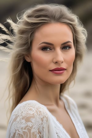 Generate a photorealistic image of a Scandinavian woman, approximately 28 years old. She has an angular and defined face with a prominent bone structure. Her hair is dark blonde, styled loosely and tousled. She has clear blue eyes that are slightly narrow and deep-set, with long, dark eyelashes. Her eyebrows are thick and naturally shaped, giving a more relaxed look. Her nose is slightly wide and well-defined. She has medium-sized lips with a relaxed, confident expression. Her cheeks are soft with a less pronounced contour, and she has a more defined and angular jawline, contributing to a slightly square face shape. She is wearing a white lace dress with intricate patterns and a plunging neckline. 

She is walking on a beach, happy and she feels free. 
The background is rustic with earthy tones, green foliage, and dried flowers including lavender and pampas grass.,(((photorealistic:1.4)))