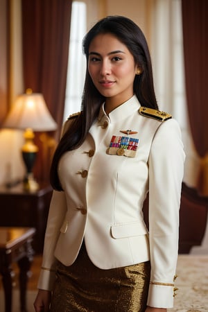 A photorealistic, ultra highly intricate detailed, full-frame image of a stunning young Asian woman, 20 years old,  standing confidently in a US Army dress uniform. She is wearing a tailored dress uniform jacket with insignia and medals, paired with a neatly fitted pencil skirt that reaches just below the knees. Her hands are positioned naturally next to her body, fingers relaxed and correctly proportioned. Her posture is poised and professional, exuding confidence and authority. The background is a softly lit, luxurious room, with warm ambient lighting that highlights the fine details of her uniform and the textures of the fabric. Her hair is neatly styled, and her expression is focused and composed, reflecting her disciplined demeanor. The image should be of the best quality, sharp focus, masterpiece, 8k high definition, insanely detailed and intricate.