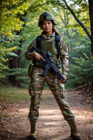 A photorealistic, ultra highly intricate detailed, full-frame image of a stunning 20-year-old Asian woman with bronzed skin, dressed in proper US battle fatigues. She is in an exercise situation, standing confidently with a focused expression. The battle fatigues include a camouflage jacket and pants, with proper military boots, a tactical vest, and a helmet. Her hands are positioned naturally next to her body, fingers relaxed and correctly proportioned. The background depicts an outdoor training ground, with various military equipment and natural terrain. The lighting is natural, enhancing the realistic textures of her uniform and her bronzed skin. The image should be of the best quality, sharp focus, masterpiece, 8k high definition, insanely detailed and intricate.