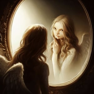 Angel femenino, mirandose a un espejo dorado, ojos color negro, rostro iluminado por una luz, ojos negros