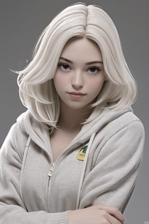 Chica joven, piel albina, cabello blanco lasio, sin maquillaje, imagen frontal, breaking bad
