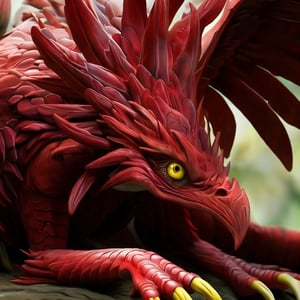 Pajaro mezclado con  dragon, cuerpo color rojo como el fuego, ojos y garras de color amarillo, mirada penetrante 