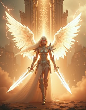 A powerful, awe-inspiring female warrior with long, flowing white hair, clad in radiant white spiked armor, stands with a menacing aura. Her ethereal, glowing white wings stretch out majestically behind her, shimmering with divine light. She holds a massive, radiant sword that emits an intense white light, crackling with electric energy swirling around her like a celestial storm. Her piercing red eyes glow through the mist, adding to her fierce, commanding presence. In the background, a grand temple rises from the clouds, its towering pillars and intricate carvings radiating with divine energy. The heavenly temple, bathed in golden light, creates a majestic backdrop, emphasizing the warrior's divine connection. Soft golden clouds float around, with beams of divine light breaking through, creating a serene yet powerful atmosphere. Gentle orange glowing dust drifts through the air, adding a magical touch to the ethereal landscape. Ultra-realistic, hyper-detailed, with cinematic lighting and perfect composition, the image captures the contrast between the angelic and the fierce, framed by the high-contrast interplay of light, shadow, and the divine architecture., ultra quality, best quality, masterpiece, retina, accurate, masterpiece, super detail, high details, best quality, award winning, highres, HD, 4K, 8k, 16k,