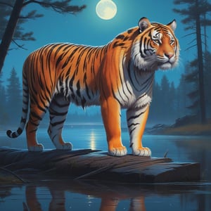 Detailed fine art print of a (Beautiful Tiger, fluffy) standing in a moonlit beam, professional sinister concept art, by Art germ and Greg Rutkowski, water, reflection, an intricate, elegant and highly detailed digital painting, concept art , sharp soft focus, illustration, in the style of Simon Stalenhag, Wayne Barlowe and Igor Kierluk, an intricate, elegant and highly detailed digital painting, conceptual art award, colorful sharp soft focus, illustration, in the style of simon stalenhag, wayne barlowe and igor kieryluk.