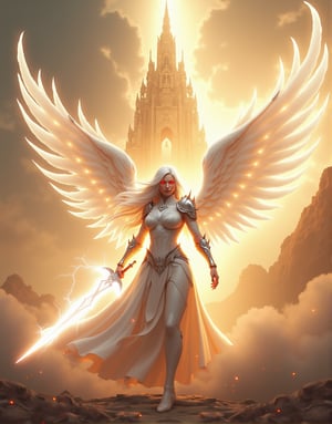 A powerful, awe-inspiring female warrior with long, flowing white hair, clad in radiant white spiked armor, stands with a menacing aura. Her ethereal, glowing white wings stretch out majestically behind her, shimmering with divine light. She holds a massive, radiant sword that emits an intense white light, crackling with electric energy swirling around her like a celestial storm. Her piercing red eyes glow through the mist, adding to her fierce, commanding presence. In the background, a grand temple rises from the clouds, its towering pillars and intricate carvings radiating with divine energy. The heavenly temple, bathed in golden light, creates a majestic backdrop, emphasizing the warrior's divine connection. Soft golden clouds float around, with beams of divine light breaking through, creating a serene yet powerful atmosphere. Gentle orange glowing dust drifts through the air, adding a magical touch to the ethereal landscape. Ultra-realistic, hyper-detailed, with cinematic lighting and perfect composition, the image captures the contrast between the angelic and the fierce, framed by the high-contrast interplay of light, shadow, and the divine architecture., ultra quality, best quality, masterpiece, retina, accurate, masterpiece, super detail, high details, best quality, award winning, highres, HD, 4K, 8k, 16k,