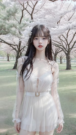 beautiful Korean girl in standing pose, beautiful dress, bright asian wet shiny skin, high quality skin texture rendering, curved body, masterpiece, nsfw, photograph of beautiful 25 year old girl, photorealistic image of a beautiful queen, (small natural breasts: 0.8), (masterpiece:1.2),shiny skin, highest quality, (realistic, photo_realistic:1.9), 8k, high resolution, hyperrealism, hyper realistic, realhands, irene,realhands, full_body, best quality, full body, black fully-transparent decoration, fully_dressed, fully_clothed, full dress, cherry_blossom_background
