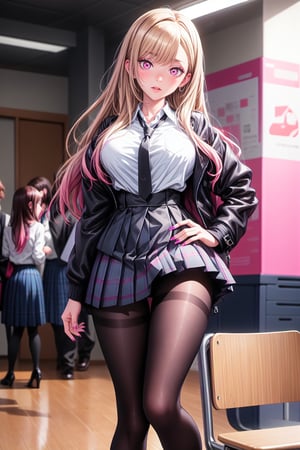 ((masterpiece, high resolution, better quality, better details)), ((Marin Kitagawa)), ((dominant)), school uniform, white blouse, pink pleated skirt, black tights, black jacket, gray tie, high platform heels, pink eyes, light blonde hair, long hair, voluptuous body, long nails, pink nails, big breasts, wide hips, big thighs, shiny skin, school