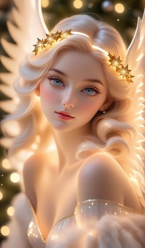 (best quality,4k,8k,highres,masterpiece:1.2),ultra-detailed,(realistic,photorealistic,photo-realistic:1.37),inner glowing shining,girl figure,transparent body,beautiful detailed eyes,beautiful detailed lips,extremely detailed eyes and face,long eyelashes,soft flowing hair,graceful pose,ethereal christmas atmosphere,soft ambient lighting,subtle color grading,sublime beauty,sublime beauty,ethereal christmas  background,captivating aura,magical scene,gentle mist,serene environment,surreal ambiance,impeccable composition,vivid colors,luminous glow,fantasy element,mysterious charm,dreamlike quality,hauntingly beautiful,peaceful expression,serene atmosphere,effortless elegance,enchanting allure,mesmerizing presence,sublime grace, angel with fluffy wings, sweet expression, tenderness transcendent beauty,Star and Sea, tenderness, candid expression, sweet pose