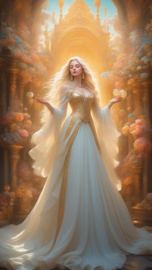 Top quality, masterpiece,
 Tethys sits elegantly in a magnificent Rococo-style palace filled with gold and jewels, her game fantasy gown sparkling under the soft light.  The lotus flowers that surround her float in calm waters, with the mist gently swirling over the scene, further enhancing her aura of prosperity and elegance.  White skin, long blonde hair, big breasts,
 Surreal illustration, sienna natural proportions, ultra HD, photorealistic, vivid colors, highly detailed, UHD drawing, perfect composition, ultra HD, 8k, he has an inner light, amazing, non-existent, mythical being, Energy, molecules, textures, iridescent and luminous scales, breathtaking beauty, pure perfection, divine presence, unforgettable emotions, breathtaking beauty, volumetric light, aura, rays, vivid colors are reflected.
