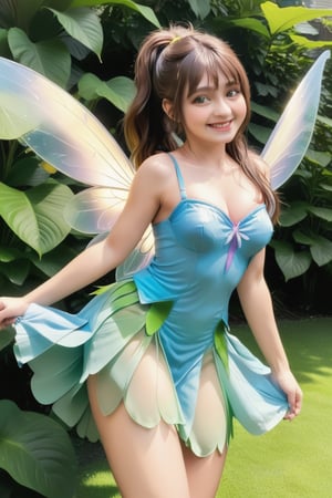  ((masterpiece, highest quality)),  Fantastic, colorful Tinkerbell costume in sky blue tones dress, Tinkerbell flapping her wings on dewy green leaves illuminated by the morning sunlight, full body, long brown wavy hair, ponytail hair, smiling expression, big green eyes, medium-large breasts, well-proportioned and slim. body, realistic colors, hyperealistic,teengirlmix