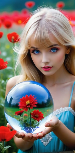 A girl, a beauty, wearing red, (get a glass ball with a pretty flower inside), glass ball, magic flower, crystal ball, inside a glass sphere, translucent sphere, fantasy flower garden, glass sphere, glass sphere, magic Colorful flowers, beautiful fantasy, woman in the middle of a blooming flower field, holding a crystal ball, white skin, blue big eyes, long blonde hair, bangs, glamorous body, pretty face
