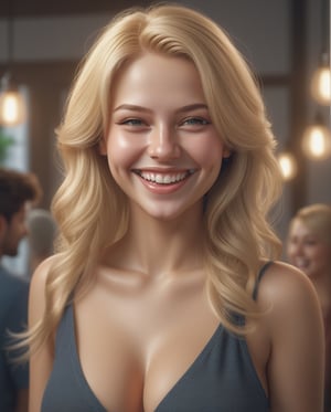 ultrarealistic beautiful woman with blondhair , beautiful smile , big clevage, photorealistic,extreemly detailed,intricate,HDR, 8k,hyper realistic,cinematic lighting,photography , with friends