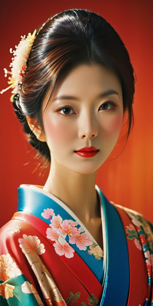 A photorealistic image of a beautiful Japanese woman with a serene expression, wearing a stunning traditional kimono dress. Capture the vibrant colors and intricate patterns of the kimono, more detail XL