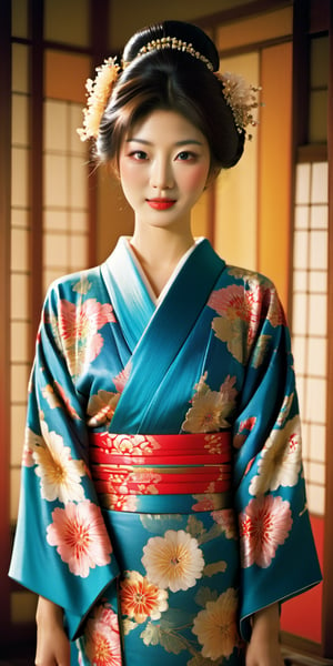 A photorealistic image of a beautiful Japanese woman with a serene expression, wearing a stunning traditional kimono dress. Capture the vibrant colors and intricate patterns of the kimono, more detail XL