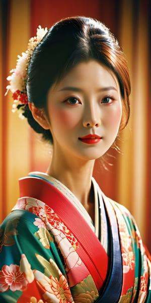 A photorealistic image of a beautiful Japanese woman with a serene expression, wearing a stunning traditional kimono dress. Capture the vibrant colors and intricate patterns of the kimono, more detail XL