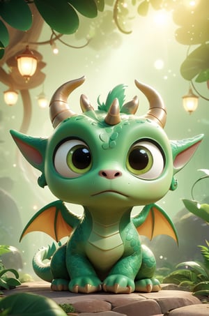 Best quality, 8k, 32k, Masterpiece,soft lights,(UHD:1.2),DRAGONYEAR,FFIXBG, Celestial Guardians :
1 green dragon , big eyes and ears, ,little horn, face turn left and 
 look at viewer , bifang, 3d animation,Funny,Disney pixar style,Animal,more detail XL