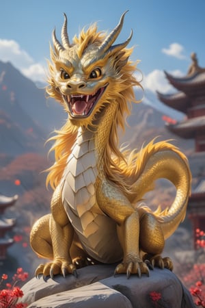 a dragon ,solo,  (masterpiece), ,The eastern golden dragon to welcome 2024, adorable, like baby dragon , the image is 8k quality, the dragon has shiny scales and a Golden mane,  In the background you can see blue sky and mountion. The dragon looks at the viewer with an expression of joy and confidence, Happy chinese new year,more detail XL,,<lora:659095807385103906:1.0>