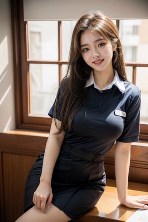 1girl, cute, 20 years old girl, Korean girl, casting, grin, looking at viewer, sexy, photo, realistic, medium breasts, slim body, (in the coffeehouse), ((((secretary uniform)))), no underwear, exposed pussy, long brown hair, masterpiece, best quality, super detail,  sitting