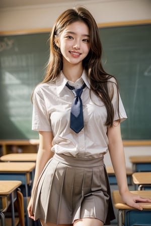 1girl, cute, 20 years old girl, Korean girl, casting, grin, looking at viewer, sexy, photo, realistic, medium breasts, slim body, (in department), ((((school uniform)))), (no underwear, no panties, exposed pussy), long brown hair, masterpiece, best quality, super detail, 