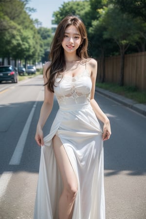 1girl, cute, 20 years old girl, Korean girl, casting, grin, looking at viewer, sexy, photo, realistic, medium breasts, slim body, (on the road), ((((wear a long dress, lift up skirt)))), (no underwear, no panties, exposed pussy), long brown hair, masterpiece, best quality, super detail, 
