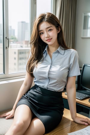 1girl, cute, 20 years old girl, Korean girl, casting, grin, looking at viewer, sexy, photo, realistic, medium breasts, slim body, (in the office), ((((secretary uniform)))), (no underwear, exposed pussy), long brown hair, masterpiece, best quality, super detail,  sitting