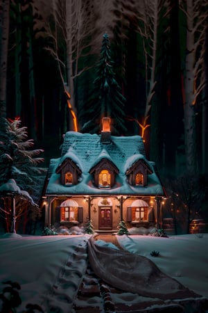 santa claus house, large brick house, surrounded by trees,Hut with brick chimney, A night sky with countless stars twinkling beautifully, snow is piling up, Santa Claus is standing by the door , lots of snowmen , santa claus sleigh ,best quality, ((photo realistic)) , ((masterpiece)), extremely detailed CG unity 8k wallpaper, cinematic lighting, natural shading, professional soft lighting, professional photography, (hight resolution) ,Santa Claus,Nature