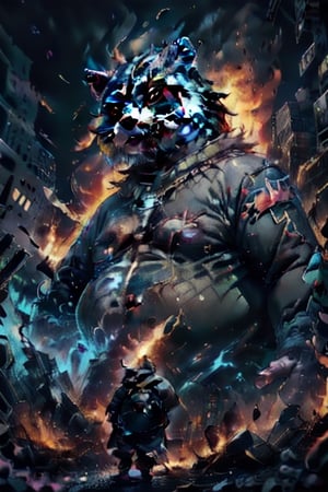 obese raccoon, dressed as a rock star, burning city in the background, 8k