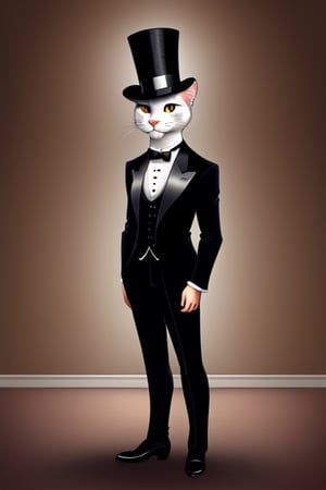 a detailed digital painting of a cat wearing a top hat and tuxedo in a desolate ballroom, standing on hind legs, fantasy art, 8k, uhd