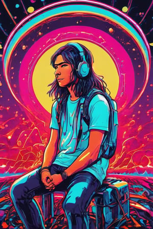 
full body, wide shot, drawing of chainsaw man, strange Andean person with long hair and a (((large wireless headphones))) on his head, DJ playing
electronic music, with mixing desk, dripping neon paint, psychedelic aesthetic, dripping psychedelic colors, dripping color, trippy art, dreamy psychedelic anime, psychedelic and bright, psychedelic art style, bright rainbow face, psychedelic loose hair, bleeding neon colored, iridescent illustration, in an art style by lisa frank, trippy colors, straight style aw0k,DonML4zrP0pXL