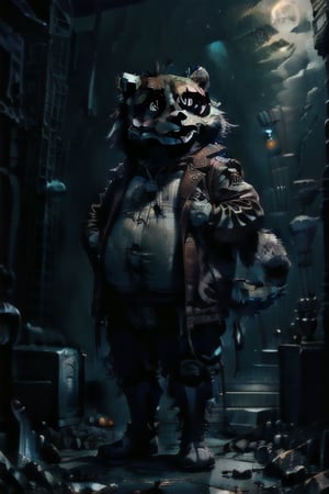 obese male raccoon, epic pose, dressed in leather and rock star, standing on a music stage, 8k