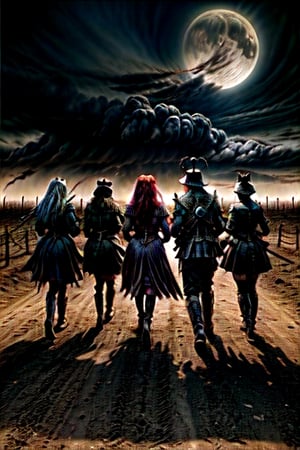 apocalypse in the background, with its four horsemen, plague, famine, war and death, seen from the front running towards the camera. tim burton style, The Nightmare Before Christmas
