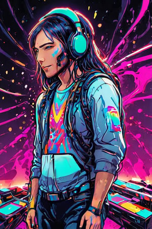 full body, wide shot, drawing of ((chainsaw man)), strange Andean person with long hair and a (((large wireless headphones))) on his head, DJ playing
electronic music, with mixing desk, dripping neon paint, psychedelic aesthetic, dripping psychedelic colors, dripping color, trippy art, dreamy psychedelic anime, psychedelic and bright, psychedelic art style, bright rainbow face, psychedelic loose hair, bleeding neon colored, iridescent illustration, in an art style by lisa frank, trippy colors, straight style aw0k,DonML4zrP0pXL