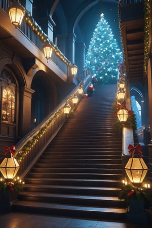 (((infinite stairs))) in a Christmas atmosphere with many people shopping on the infinite staircase, with Santa Claus in the middle of the scene laughing at everyone, rendering Beautifully detailed octane 8k, post-processing, portrait, extremely hyper. detailed, intricate, epic composition, cinematic lighting, masterpiece, highly, highly detailed, masterpiece, stunning Detailed matte painting, deep color, fantastic, intricate detail, splash screen, complementary colors, fantasy concept art, 8k resolution in trend in Artstation Unreal Engine 5, chiaroscuro, bioluminescent., more details XL, photo r3al
