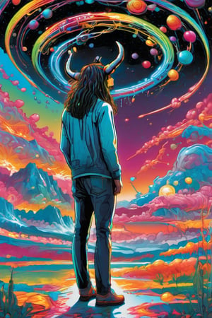 full body, wide shot, drawing of a strange andean person with long hair and a (((horn))) on his head, dripping neon paint, psychedelic aesthetic, dripping psychedelic colors, dripping color, trippy art, psychedelic anime dreamy, psychedelic and bright, psychedelic art style, bright rainbow face, psychedelic loose hair, neon color bleed, iridescent illustration, in an art style by lisa frank, trippy colors, aw0k straight style