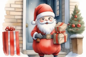 watercolor, nice and adorable santa claus. delivery man, with red bag of parcels, in front of house door, ,ral-chrcrts,anya forger