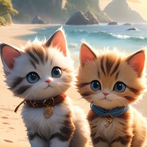 three kittens standing on the sand near a beach with an ocean in the background and a small boat at the shore, Eishi, Adventure fantasy, Pirate novel, photo, temporary art, tumblr, mochichimaru, Beach Art, anime,Xxmix_Catecat