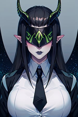 ,  Shemira_AFK, solo, pointy ears, horns, covered eyes, (black hair:1.2), grey blazer, lipstick, open white shirt, lawyer, best quality, masterpiece, ultra high res, detailed skin, high detail,