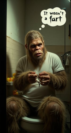 A dimly lit bathroom, ambient lighting casting an eerie glow on the Sasquatch's relaxed form. He sits comfortably on the toilet, wearing a white t-shirt. In the seated position, his shirt conveniently covers his groin, his pants, and underwear are pulled down to his ankles, and surrounded by typical bathroom fixtures. In his hands, he carefully rolls a joint, while a rubber duckie rests on the sink beside him. Above his head, a thought bubble reads 'It wasn't a fart', reflecting his focused effort to release a monumental flatulence. His face contorts in an endearing attempt to will out the desired sound. A DSLR camera captures this comical scene with crystal clarity, preserving every detail of this absurd moment.,aidmatextimprover