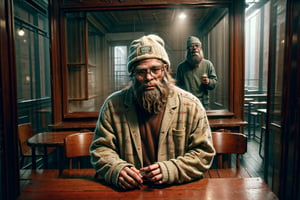 (((masterpiece))), in a cafe, (((Sasquatch))), dressed in hipster attire, hipster glasses, hipster jacket, hipster hat, (hipster) (masterpiece:1.5) (stoner:1.1) (best quality) (detailed) (intricate) (8k) (HDR) (wallpaper) (cinematic lighting) (sharp focus),1boy, 1girl,Sasquatch