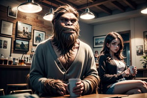 (((masterpiece))), (((Sasquatch))) is wearing a cardigan sweater, detailed fur, drinking a cup of coffee and smoking cannabis with a black woman, they are sitting in a busy cafe, detailed face, high details, photography, dark studio, rim light, Nikon D850, 50mm, f/1.4, masterpiece, high quality, high definition, 8K, super detailed, 2people, beautiful woman, Sasquatch,Bigfoot,poeple,2people,two people,1boy 1girl,Sasquatch