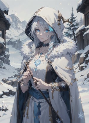 Jani is a witch who lives in a snowy region of Elden Ring. She has long silver hair and blue eyes that glow with magic. She wears a white dress with fur trim and a hooded cloak that covers her shoulders. She also wears a silver necklace with a pendant shaped like a snowflake. She carries a staff that can summon wolves and cast ice spells.